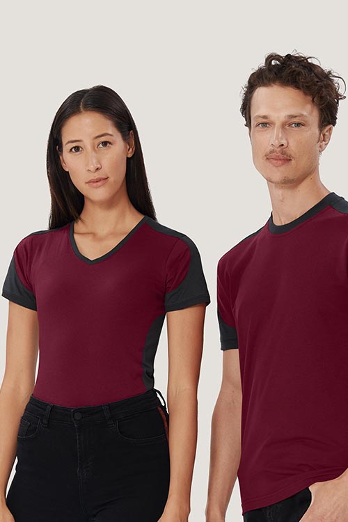 Arbeitskleidung Kontrast Damen V-Shirt HAK190 und Herren T-shirt HAK290 in weinrot anthrazit