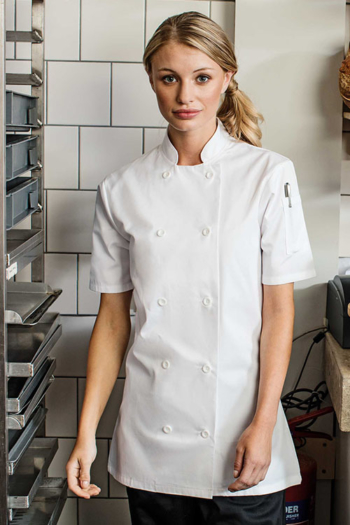 Berufsbekleidung Gastronomie klassische Damen Kurzarm-Kochjacke in weiß PW670