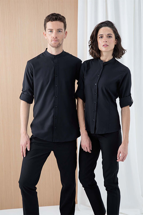 Messebekleidung Damen Bluse und Herren Hemd in schwarz mit Stehkragen H592