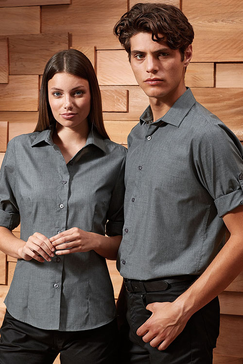 Hemd und Bluse mit Stickerei langärmelige Bluse / Hemd mit Krempelärmeln in grey denim PW317/217