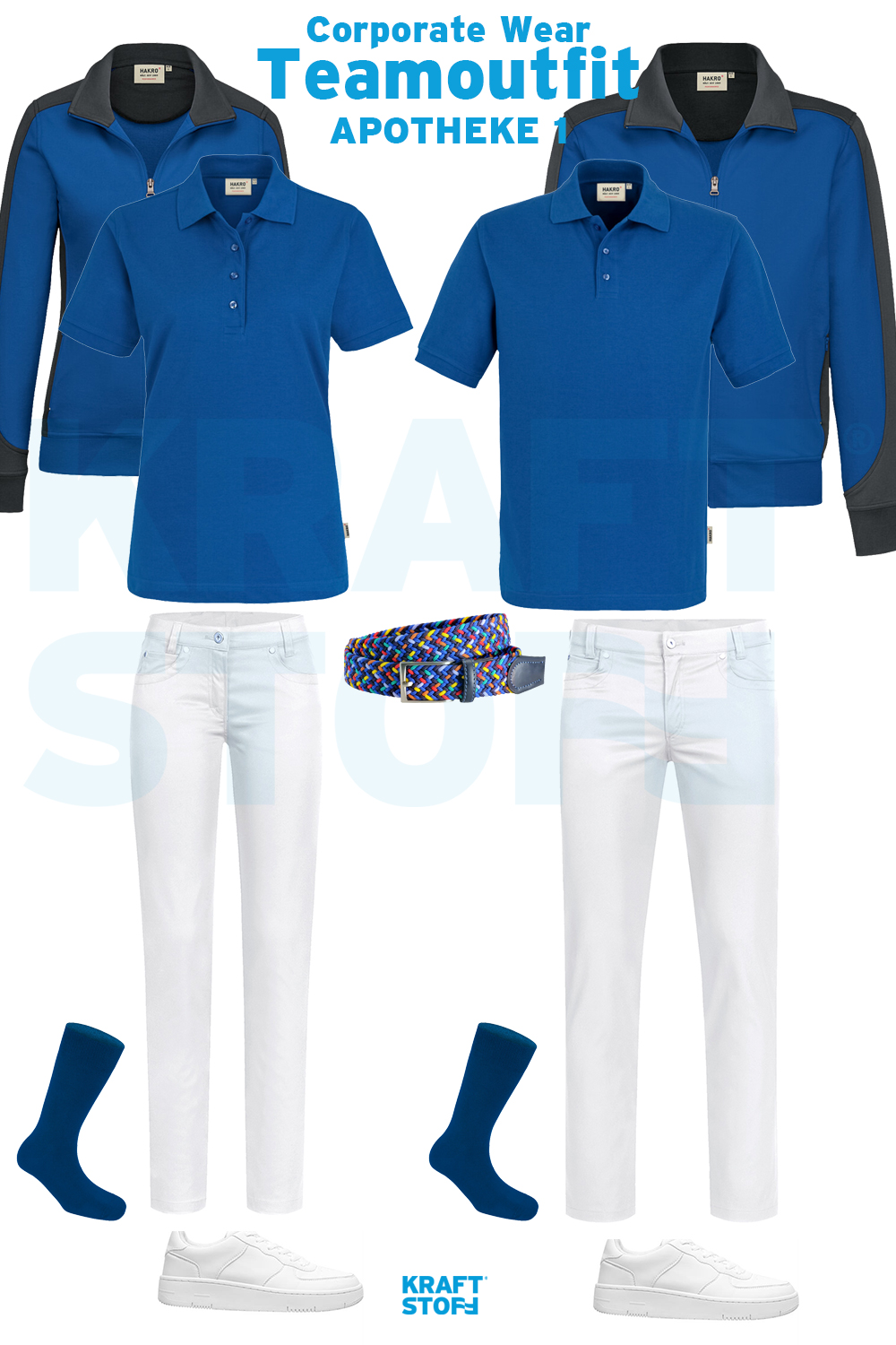 Berufsbekleidung Apotheke, Teamoutfit, blaue Poloshirts, blaue Sweatjacke, weiße Hosen, weiße Sneaker, blaue Socken, bunter Gürtel