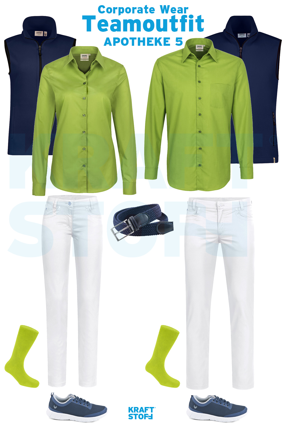 Berufsbekleidung Apotheke, Teamoutfit, grüne Hemden und Blusen, blaue Softshellweste, weiße Hosen, blaue Sneaker, grüne Socken, blauer Gürtel