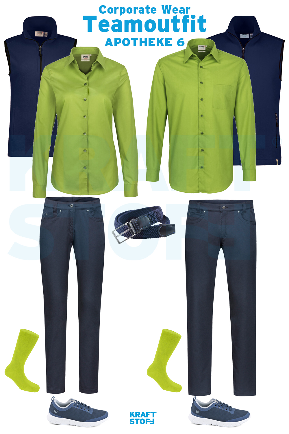 Berufsbekleidung Apotheke, Teamoutfit, grüne Hemden und Blusen, blaue Softshellweste, blaue Hosen, blaue Sneaker, grüne Socken, blauer Gürtel