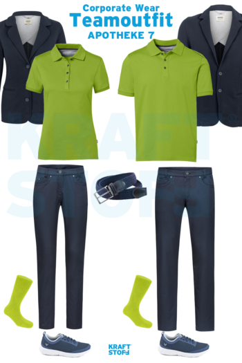 Berufsbekleidung Apotheke, Teamoutfit, grüne Poloshirts, blaue Sweatblazer, blaue Hosen, blaue Sneaker, grüne Socken, blauer Gürtel