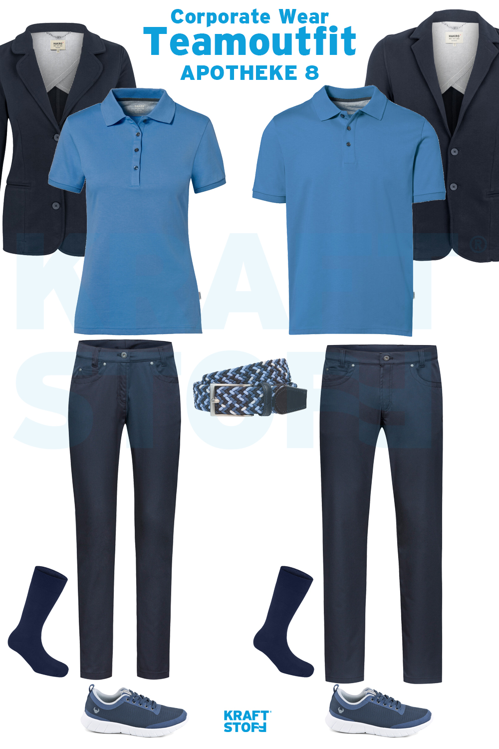 Berufsbekleidung Apotheke, Teamoutfit, blaue Poloshirts, blaue Sweatblazer, blaue Hosen, blaue Sneaker, blaue Socken, blau-weißer Gürtel