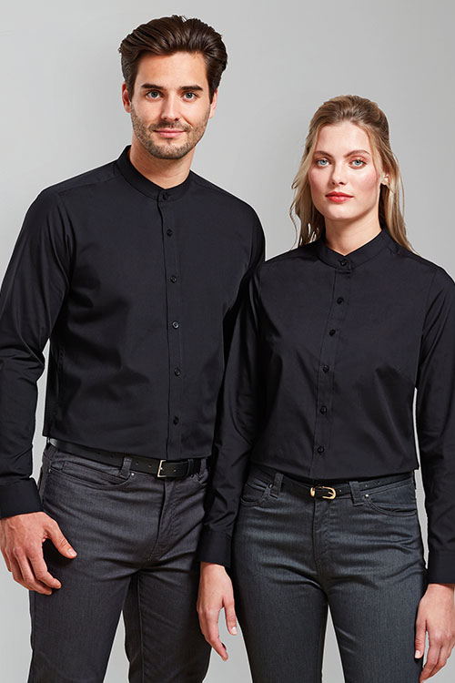 Berufsbekleidung Hotel schwarze Stehkragen Hemden und Blusen, schwarze Jeans
