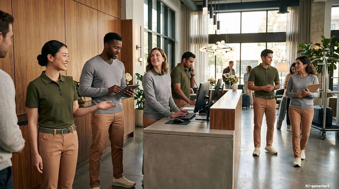 Hotelteam in moderner Corporate Fashion mit olivgrünen Poloshirts, grauen Pullovern und beigefarbenen Chinos an der Rezeption