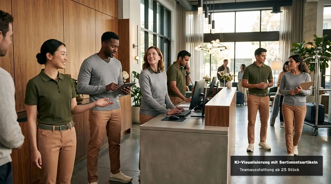 Hotelteam in moderner Corporate Fashion mit olivgrünen Poloshirts, grauen Pullovern und beigefarbenen Chinos an der Rezeption