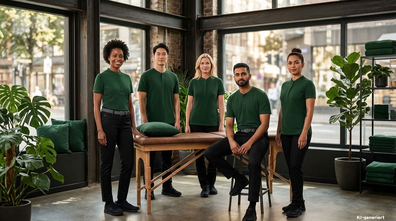 Fünfköpfiges Physiotherapieteam in einheitlicher dunkelgrüner Praxisbekleidung und schwarzen Hosen in einem modernen Behandlungsraum
