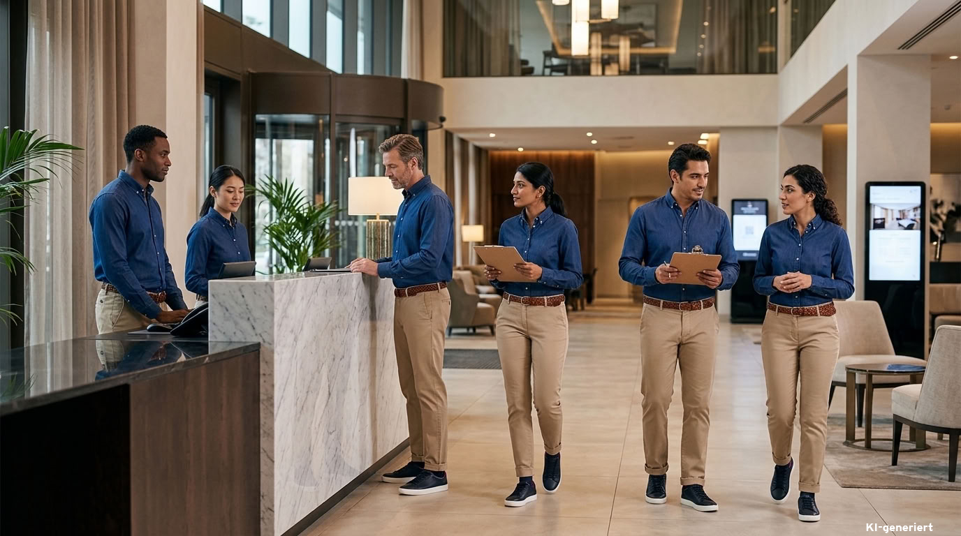 Sechsköpfiges Hotelteam in einheitlicher Hotelbekleidung mit dunkelblauen Hemden, beigefarbenen Chinos und Sneakern an einer modernen Hotelrezeption